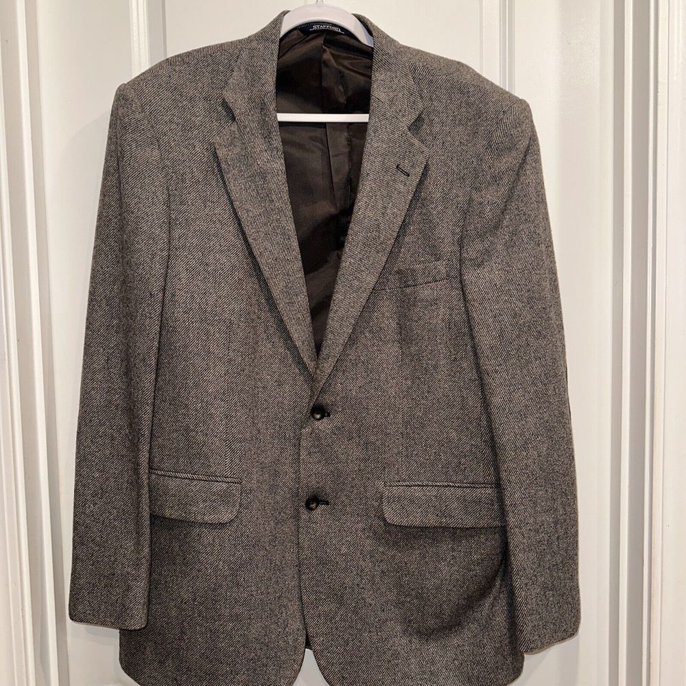 Stafford Tweed Sport Coat Blazer Mens 42R Gray Buttons Lambswool Elbow Patch